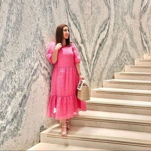 Pink Puff Sleeve Dress Crinkled